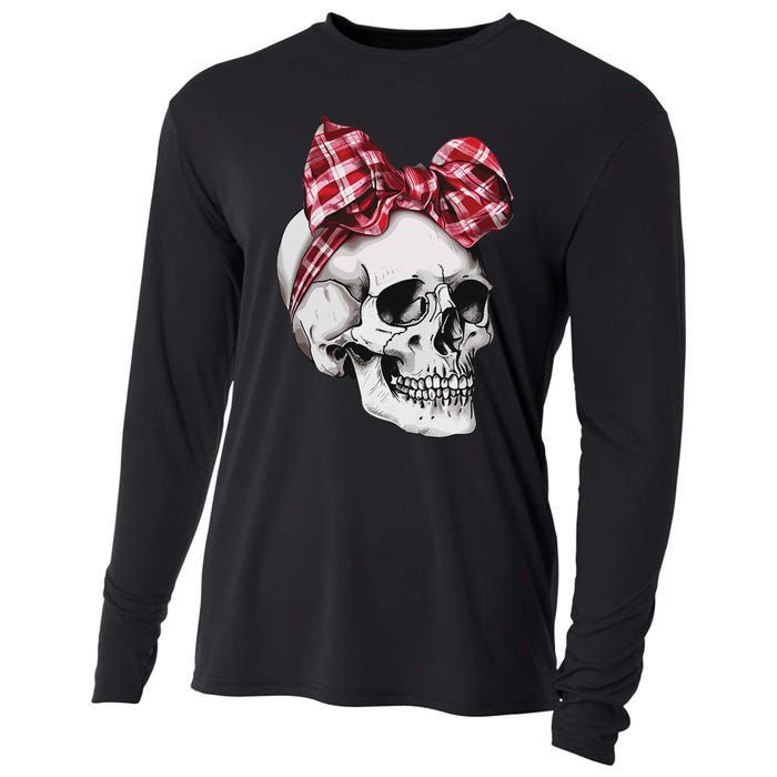 Skull Coquette Bow Red Plaid Halloween Costume Cooling Performance Long Sleeve Crew