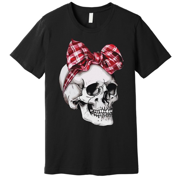 Skull Coquette Bow Red Plaid Halloween Costume Premium T-Shirt