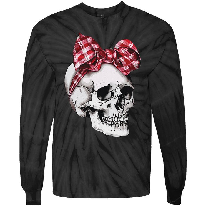 Skull Coquette Bow Red Plaid Halloween Costume Tie-Dye Long Sleeve Shirt