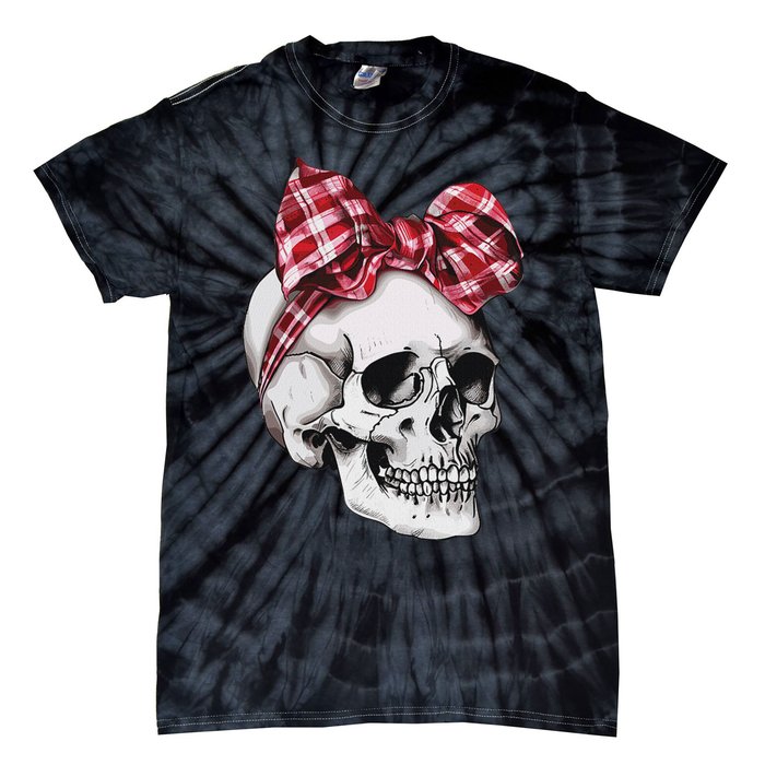 Skull Coquette Bow Red Plaid Halloween Costume Tie-Dye T-Shirt