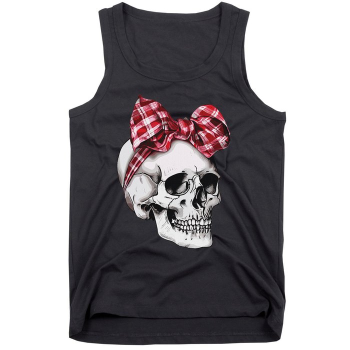 Skull Coquette Bow Red Plaid Halloween Costume Tank Top