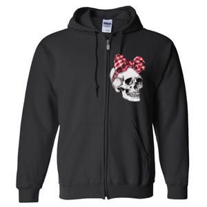 Skull Coquette Bow Red Plaid Halloween Costume Full Zip Hoodie