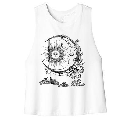 Space Celestial Bodies Sun Moon Boho Luna Solar Astronomy Women's Racerback Cropped Tank