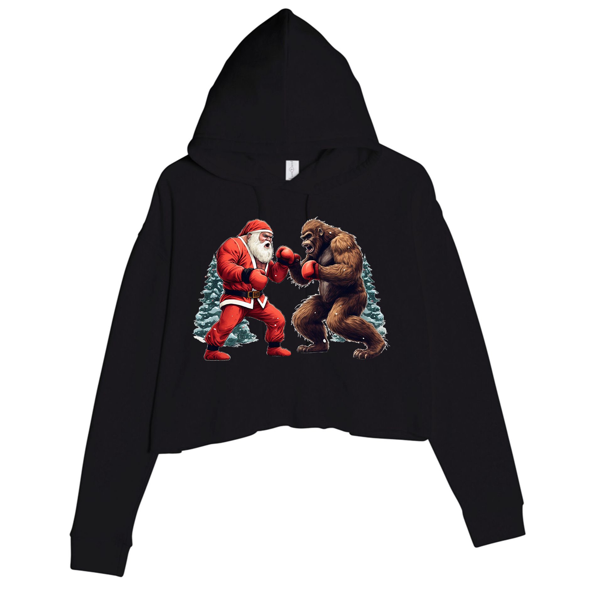 Santa Claus Boxing Bigfoot Sasquatch Christmas Crop Fleece Hoodie