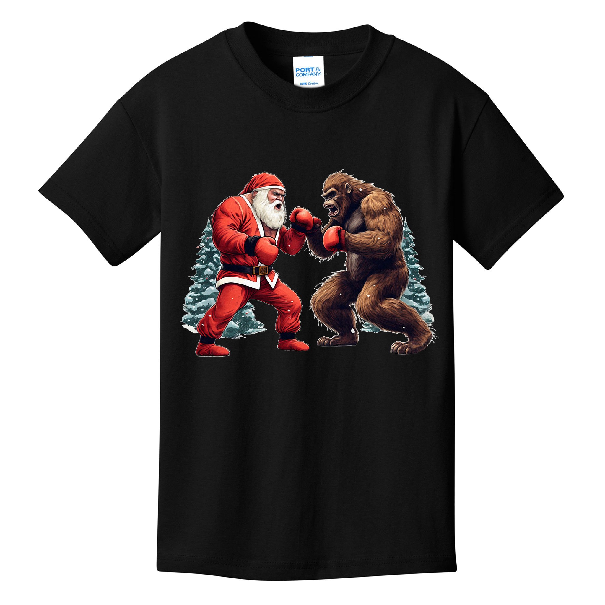 Santa Claus Boxing Bigfoot Sasquatch Christmas Kids T-Shirt