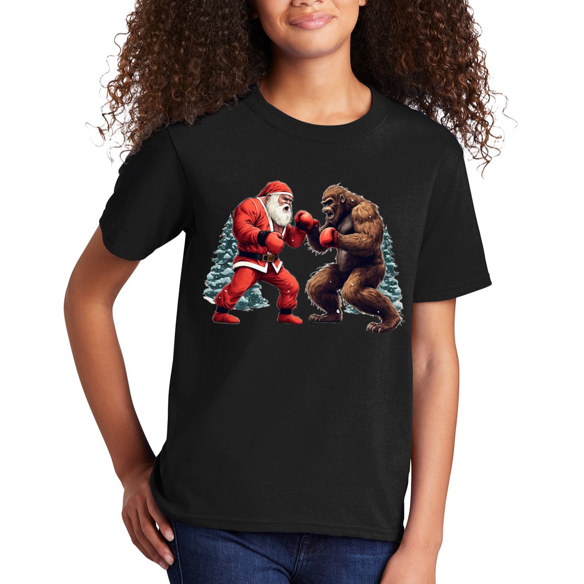 Santa Claus Boxing Bigfoot Sasquatch Christmas Kids T-Shirt