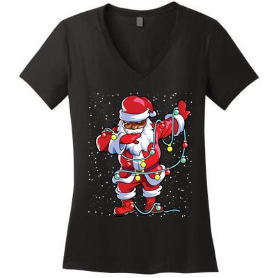 Santa Claus Black Christmas Afro African American Xmas Women's V-Neck T-Shirt