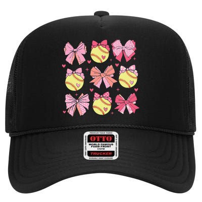 Softball Coquette Bow Softball Mom Mothers Day High Crown Mesh Back Trucker Hat