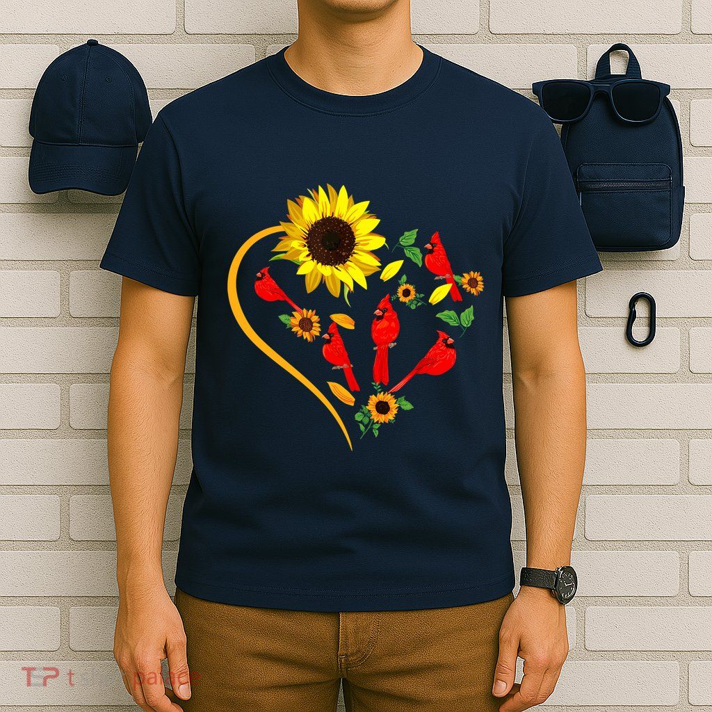 Sunflowers Cardinal Birds Cute Heart Shape Funny Bird Lover T-Shirt