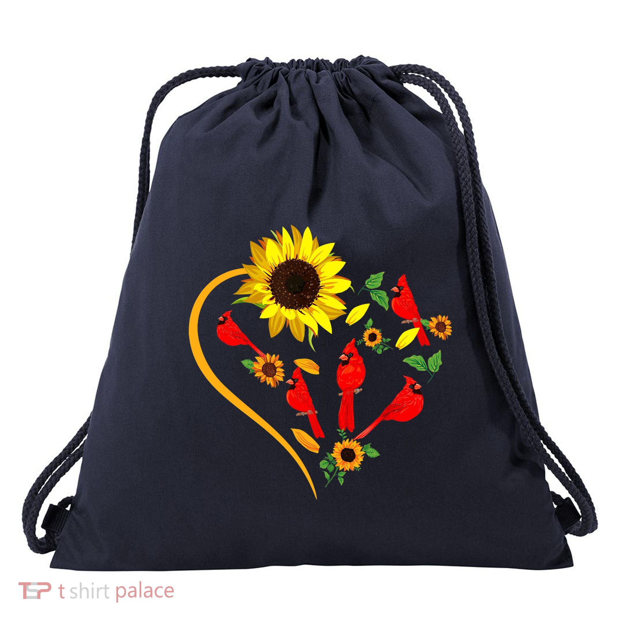 Sunflowers Cardinal Birds Cute Heart Shape Funny Bird Lover Drawstring Bag