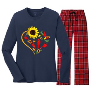 Sunflowers Cardinal Birds Cute Heart Shape Funny Bird Lover Women's Long Sleeve Flannel Pajama Set 