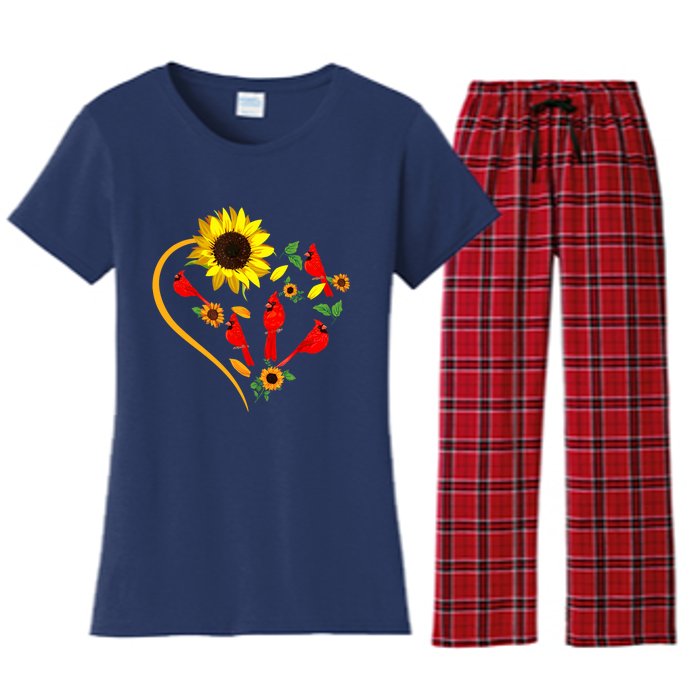 Sunflowers Cardinal Birds Cute Heart Shape Funny Bird Lover Women's Flannel Pajama Set