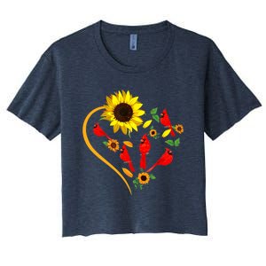 Sunflowers Cardinal Birds Cute Heart Shape Funny Bird Lover Women's Crop Top Tee