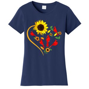 Sunflowers Cardinal Birds Cute Heart Shape Funny Bird Lover Women's T-Shirt