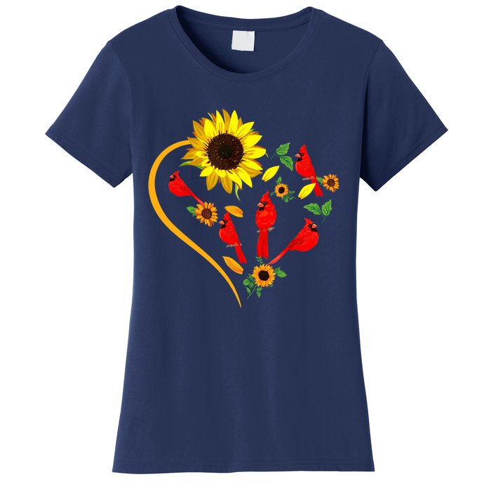 Sunflowers Cardinal Birds Cute Heart Shape Funny Bird Lover Women's T-Shirt