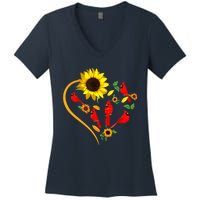 Sunflowers Cardinal Birds Cute Heart Shape Funny Bird Lover Women's V-Neck T-Shirt