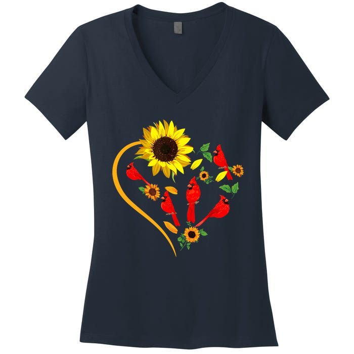 Sunflowers Cardinal Birds Cute Heart Shape Funny Bird Lover Women's V-Neck T-Shirt