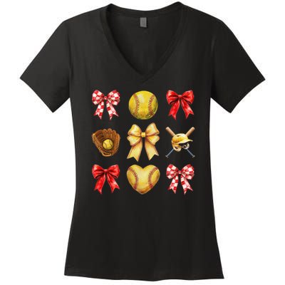 Softball Coquette Bow Softball Mama Softball Mom Mothers Day Women's V-Neck T-Shirt