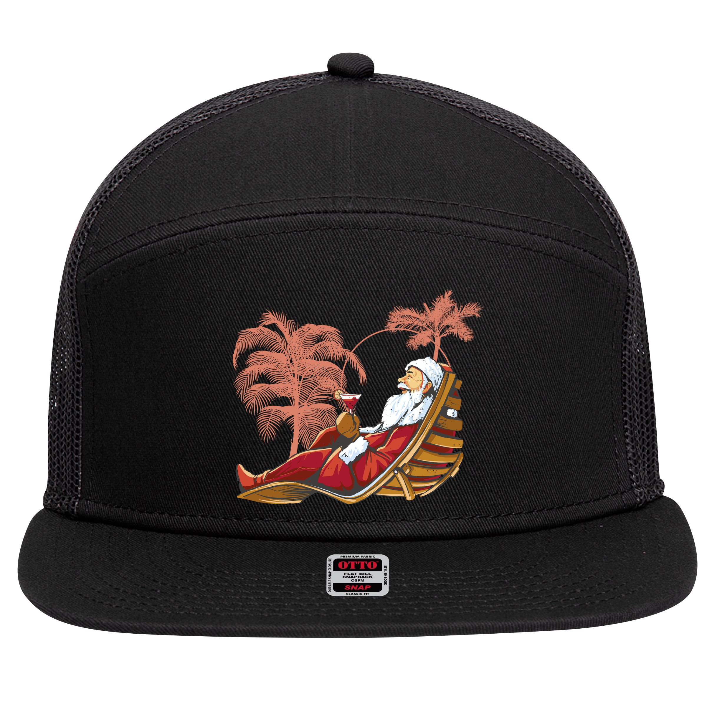 Santa Claus Beach Cocktail Christmas 7 Panel Mesh Trucker Snapback Hat