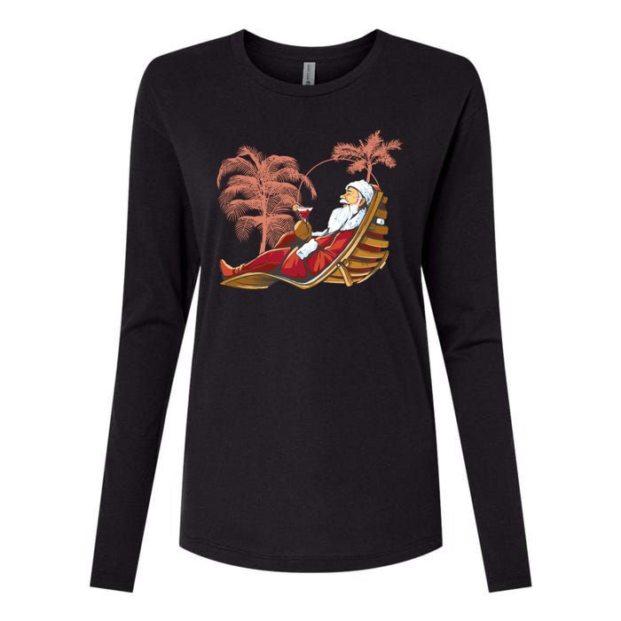 Santa Claus Beach Cocktail Christmas Womens Cotton Relaxed Long Sleeve T-Shirt