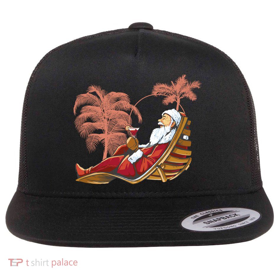 Santa Claus Beach Cocktail Christmas Flat Bill Trucker Hat