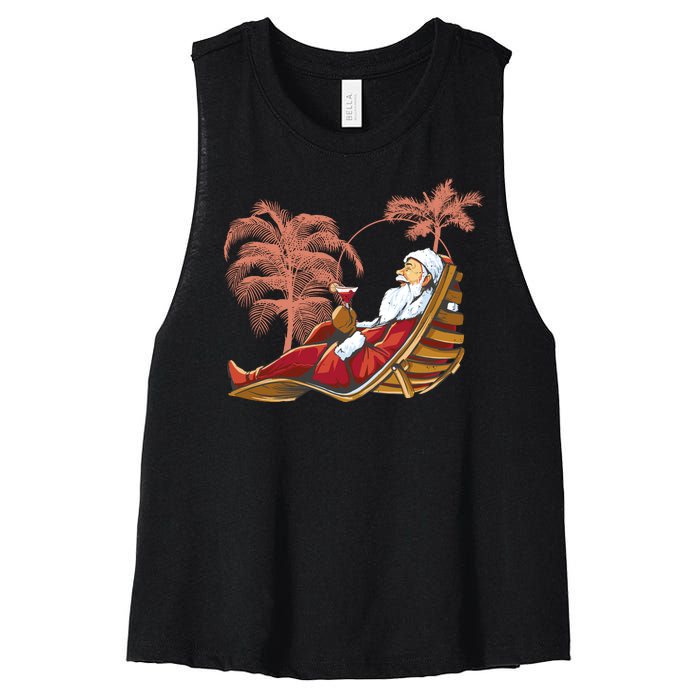 Santa Claus Beach Cocktail Christmas Women's Racerback Cropped Tank