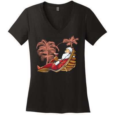 Santa Claus Beach Cocktail Christmas Women's V-Neck T-Shirt