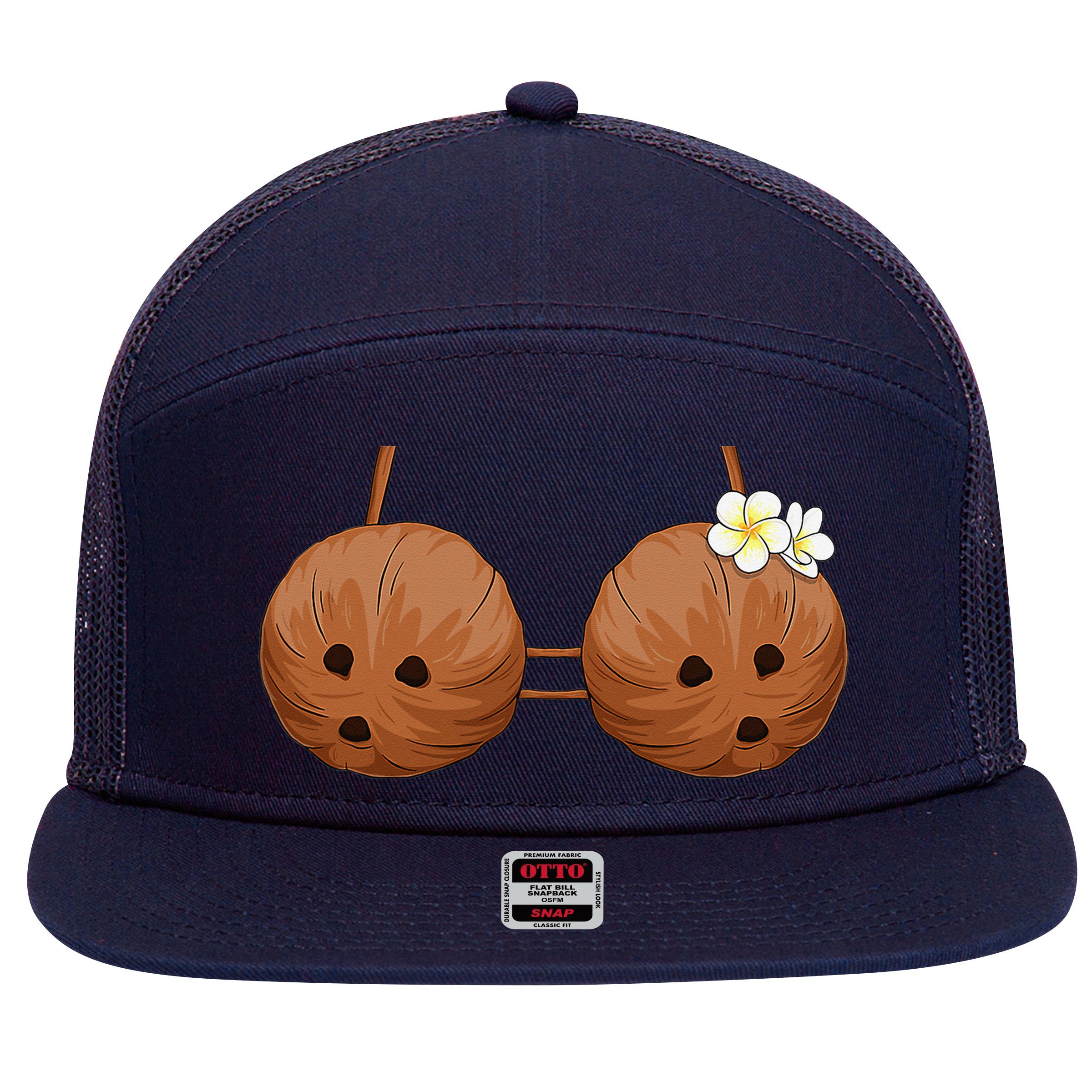 Summer Coconut Bra Halloween Hawaii 7 Panel Mesh Trucker Snapback Hat
