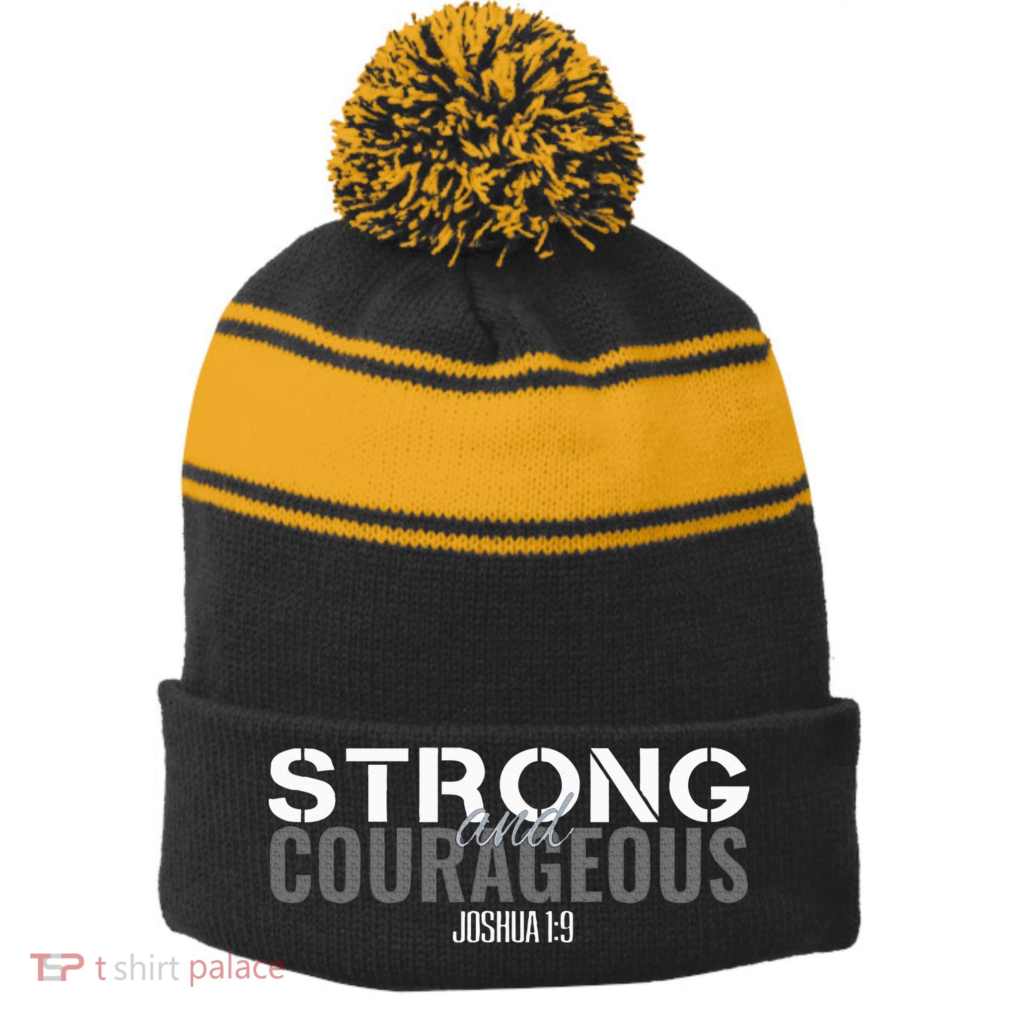 Strong & Courageous Bible Verse Christian Stripe Pom Pom Beanie
