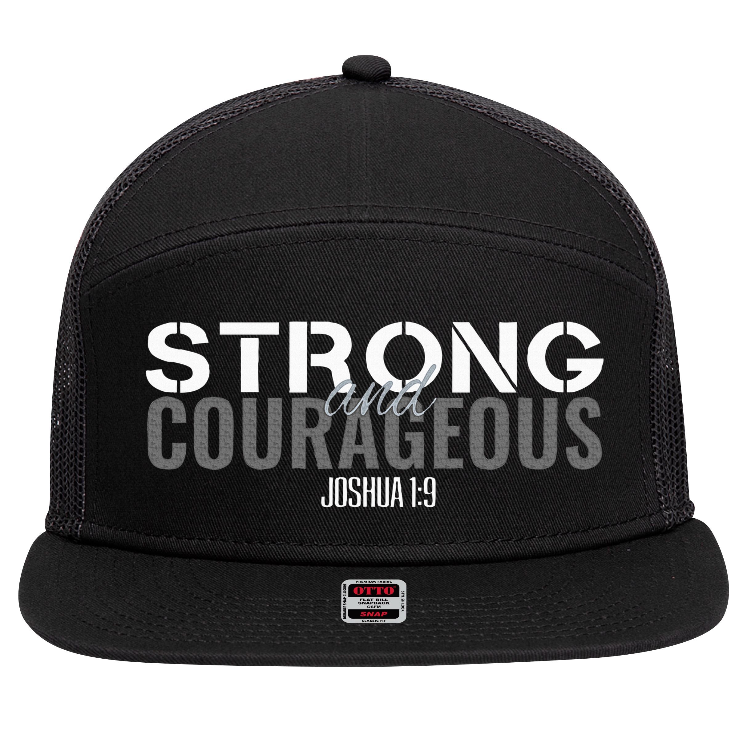 Strong & Courageous Bible Verse Christian 7 Panel Mesh Trucker Snapback Hat