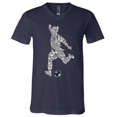 Soccer Player Ball Shadow Word Mashup V-Neck T-Shirt