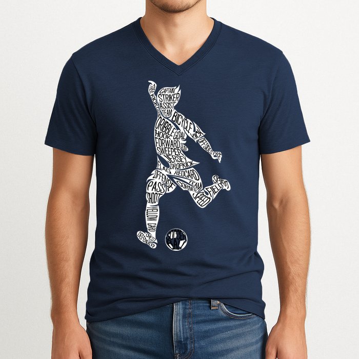 Soccer Player Ball Shadow Word Mashup V-Neck T-Shirt