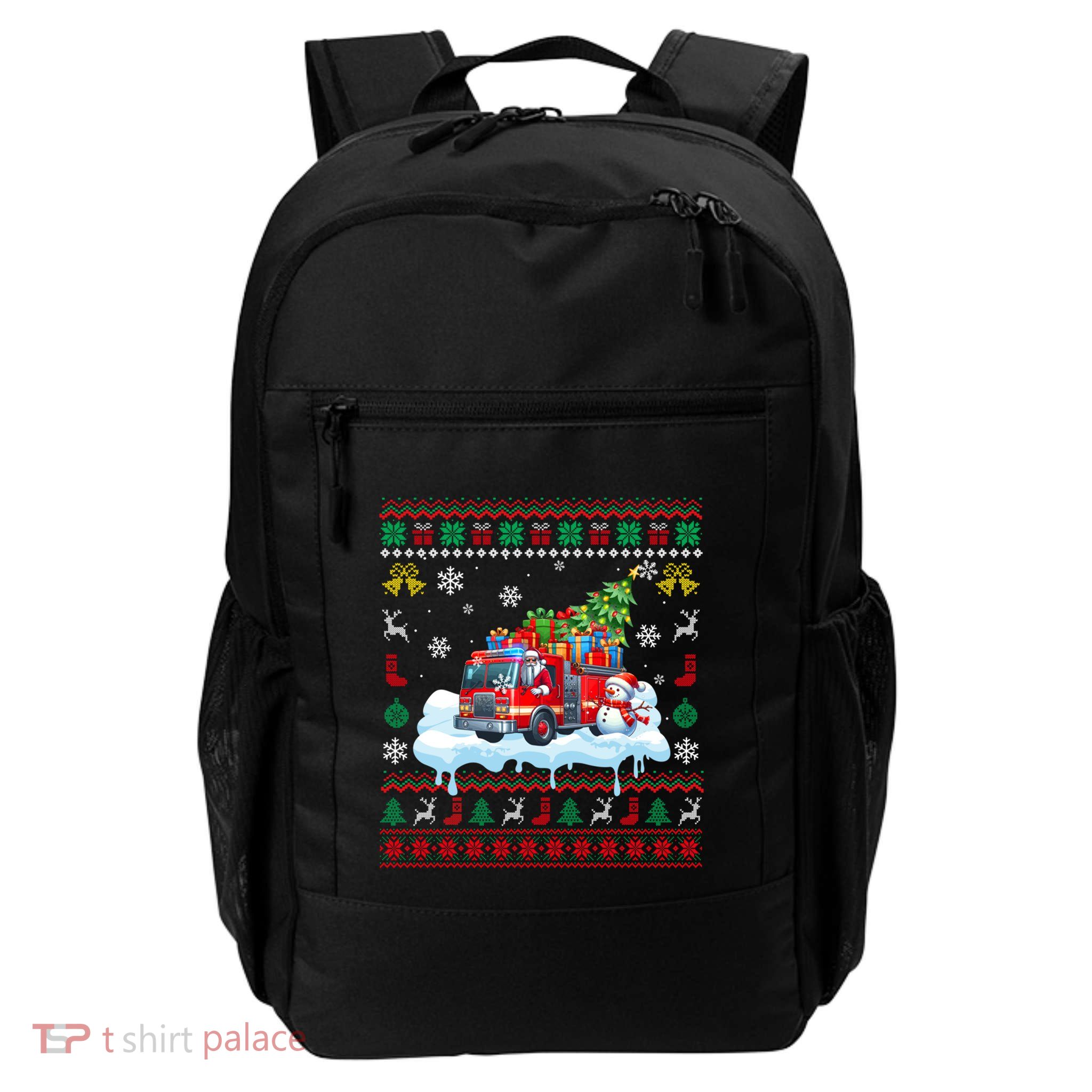 Santa Carrying Christmas Tree On Fire Truck Driver Gift Backpack