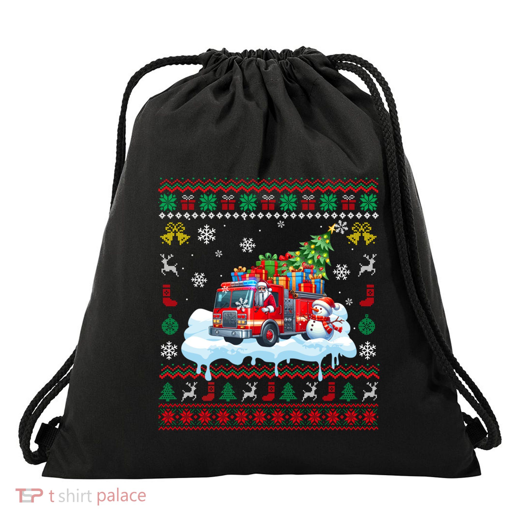 Santa Carrying Christmas Tree On Fire Truck Driver Gift Drawstring Bag