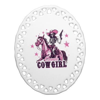 Skeleton Cosmic Cowgirl Funny Halloween Spooky Vibes Ceramic Oval Ornament