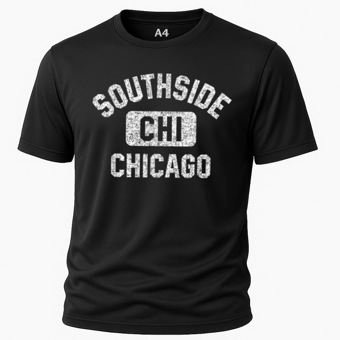 Southside Chicago CHI Gym Style Distressed White Print Cooling Performance Crew T-Shirt