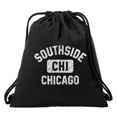 Southside Chicago CHI Gym Style Distressed White Print Drawstring Bag