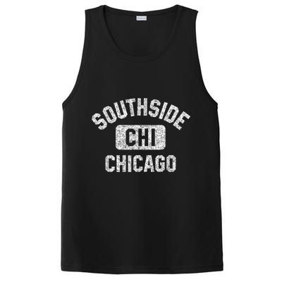 Southside Chicago CHI Gym Style Distressed White Print PosiCharge Competitor Tank