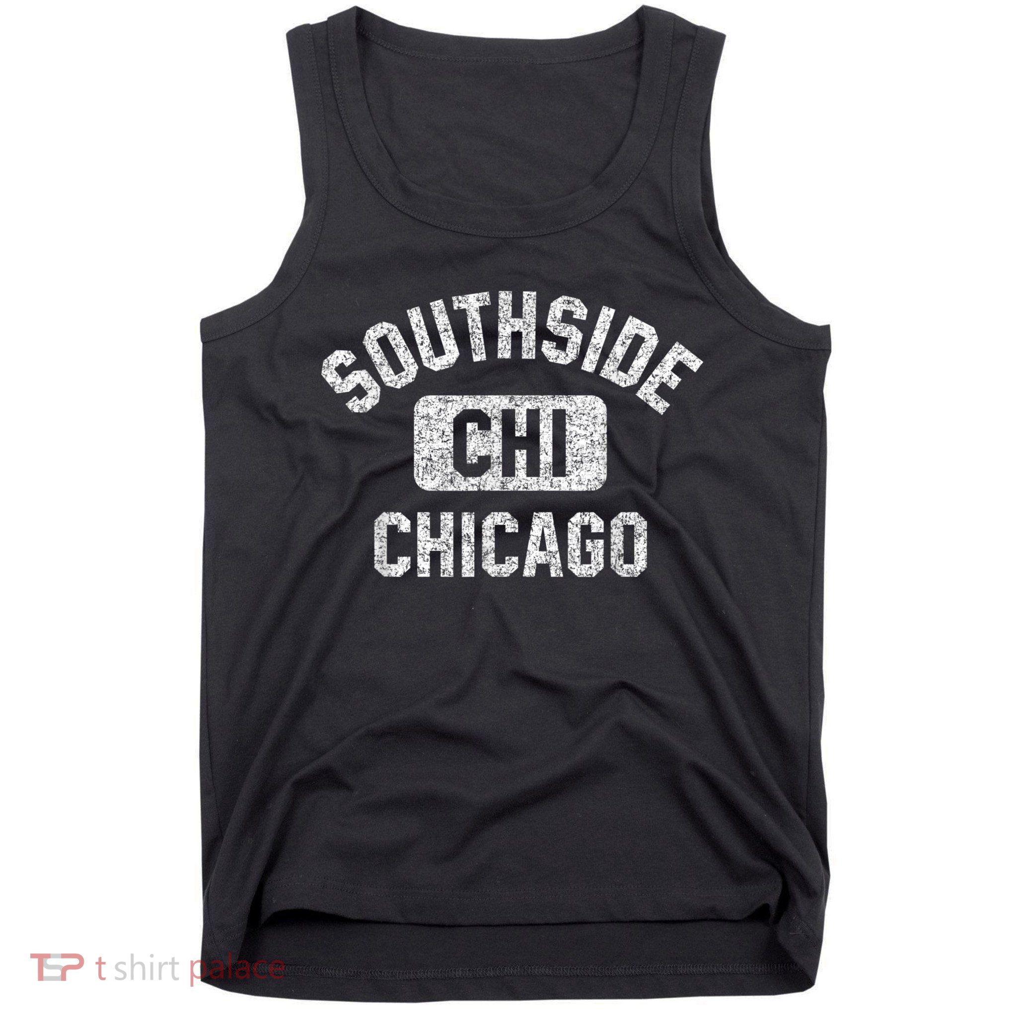 Southside Chicago CHI Gym Style Distressed White Print Tank Top