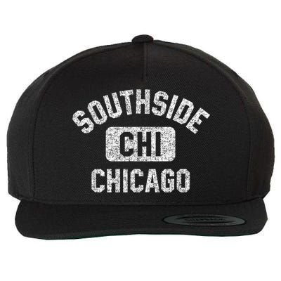 Southside Chicago CHI Gym Style Distressed White Print Wool Snapback Cap