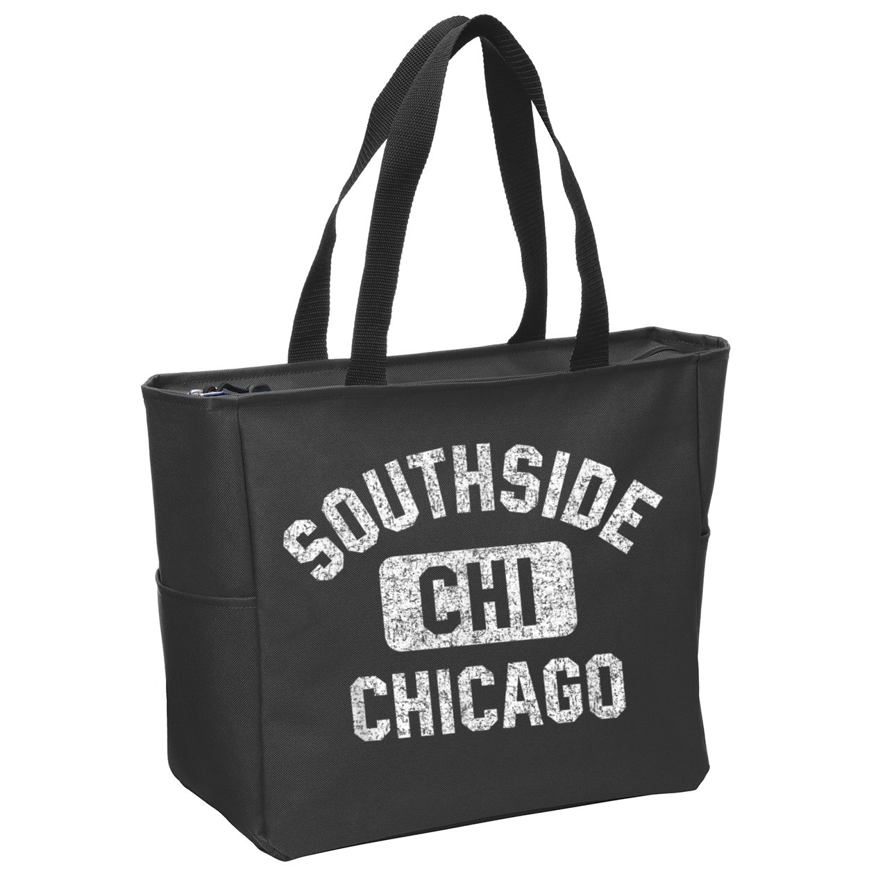 Southside Chicago CHI Gym Style Distressed White Print Zip Tote Bag