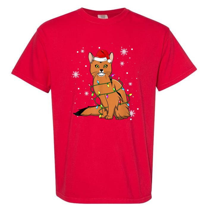 Somali Cat Christmas Lights Christmas Cat Santa Hat Garment-Dyed Heavyweight T-Shirt