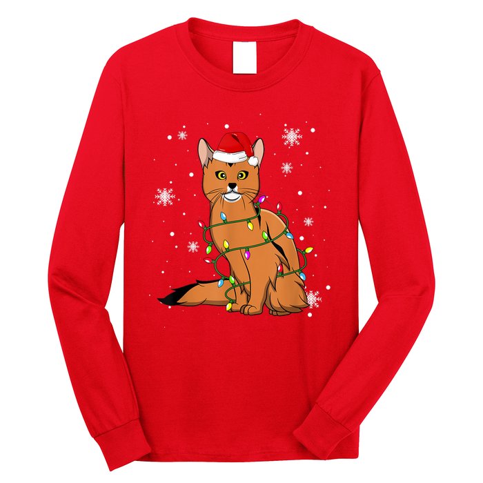 Somali Cat Christmas Lights Christmas Cat Santa Hat Long Sleeve Shirt