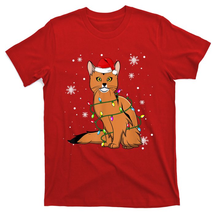 Somali Cat Christmas Lights Christmas Cat Santa Hat T-Shirt