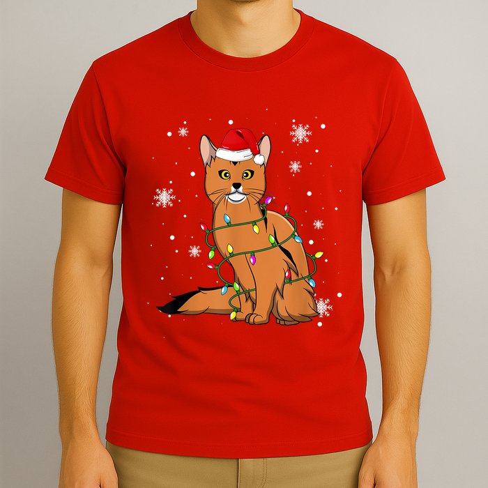 Somali Cat Christmas Lights Christmas Cat Santa Hat T-Shirt