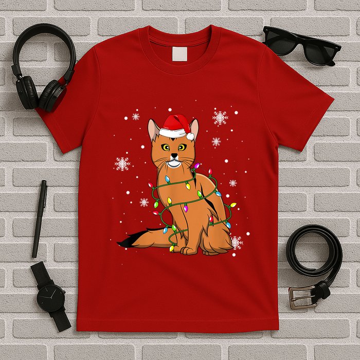 Somali Cat Christmas Lights Christmas Cat Santa Hat T-Shirt