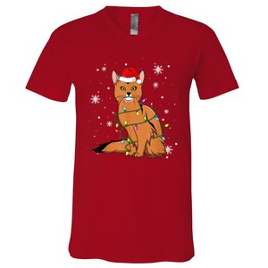 Somali Cat Christmas Lights Christmas Cat Santa Hat V-Neck T-Shirt