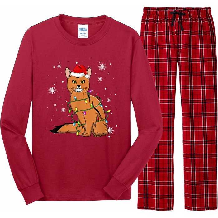 Somali Cat Christmas Lights Christmas Cat Santa Hat Long Sleeve Pajama Set