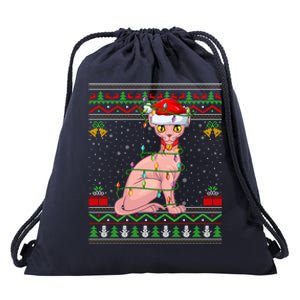 Sphynx Cat Christmas Lights Santa Ugly Xmas Meaningful Gift Drawstring Bag