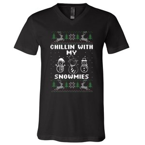 Snowman Christmas Chillin With My Snowmies Ugly Gift Family  V-Neck T-Shirt